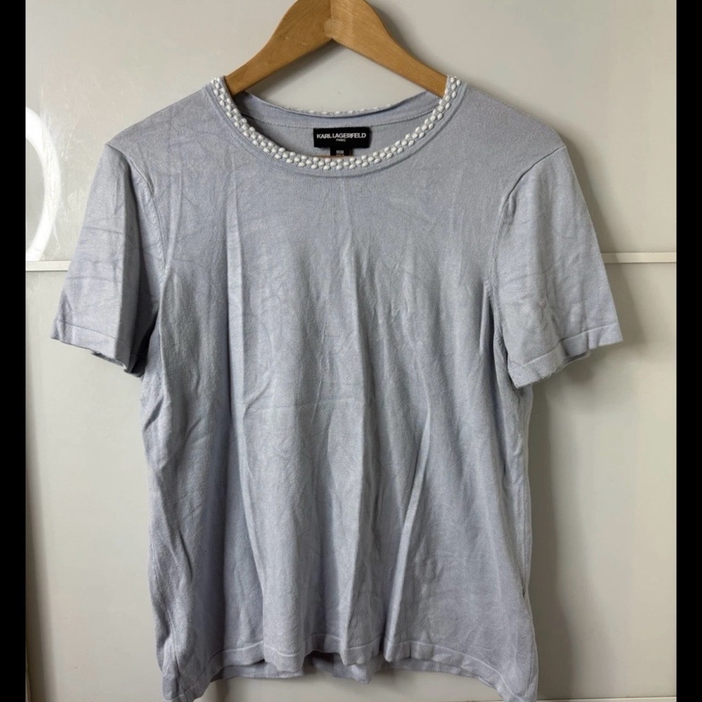 Karl Lagerfeld Blue Top with White Embroidered Collar